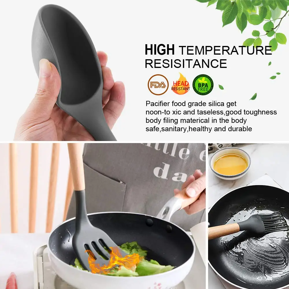 9 Styles Retail Silicone Cooking Tools Silicone Wooden Handle Spoon Spatula Shovel Nonstick Cookware Kitchen Baking Gadgets