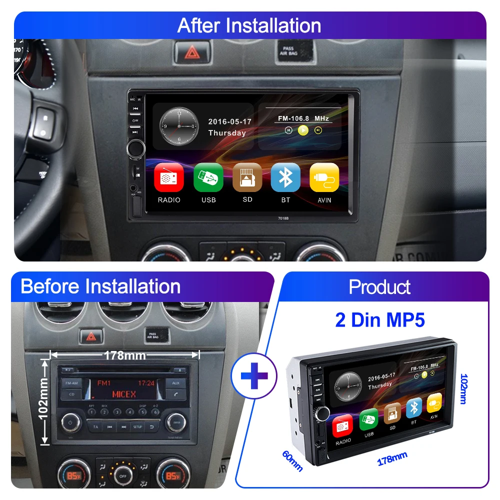 LEHX 2 Din 자동차 라디오 스테레오 FM 오디오 스테레오 MP5 플레이어 블루투스 7 터치 스크린 USB SD Autoradio Apple Carplay 안드로이드 Auto