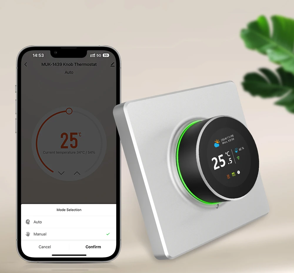 Smart Knob Thermostat, Multiple Scene Displays, Weekly Programming Mode, Work wi