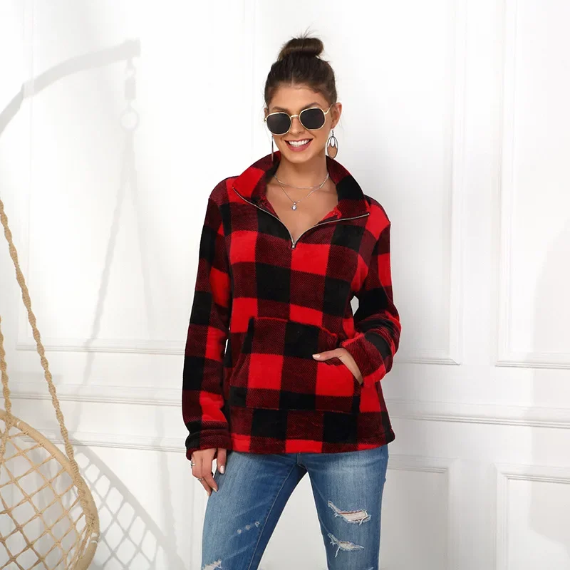 Women Lapel Half Zip Up Loose Casual Pullovers with Big Pocket Long Sleeve Autumn Clothing Big Checkerboard Pullover Sweatshirts