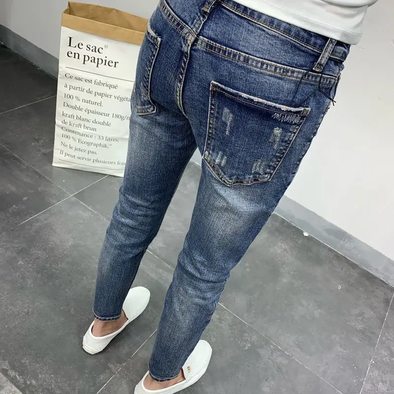 남성용 한국 스타일 클래식 청바지, 찢어진 청바지, 찢어진 구멍 카고 바지, 트렌디한 스키니, 블루, 여름 패션, 2023 신상
