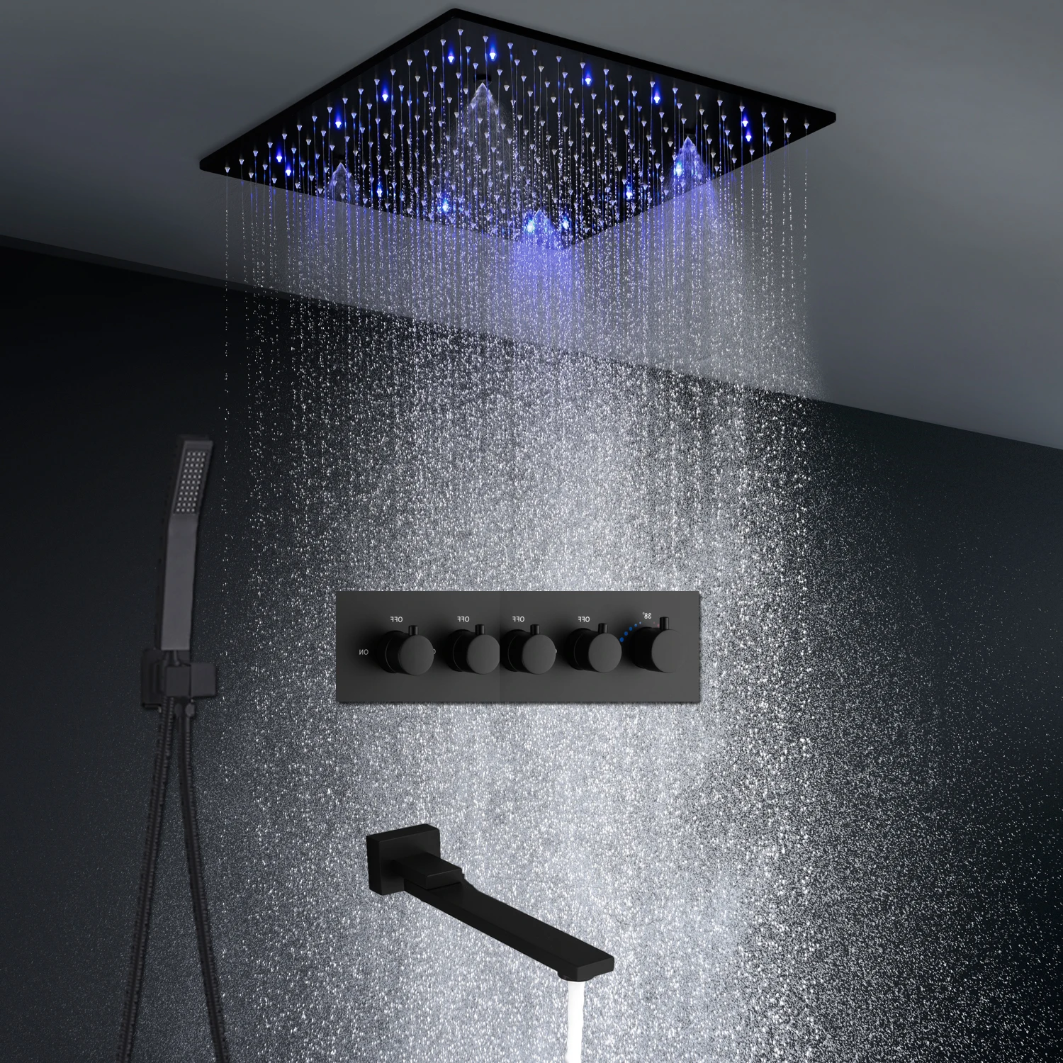 

Black Shower Faucet Set 20 '' LED Ceiling Mounted Bath System Rainfall Mist Thermostatic 4 Ways Valve folding Spout