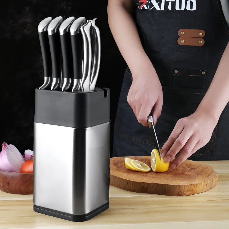 XITUO Multifun Stainless Steel Standing Knife Holder for 1-10pcs Kitchen Knife With Sharpening Edge and Scissors Socket Block