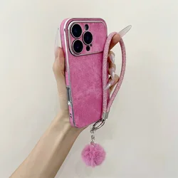 Luxury Jeans Denim Phone Case with Lanyard Wrist Strap and Matte Back Cover - iPhone 15 (Rose Pink)