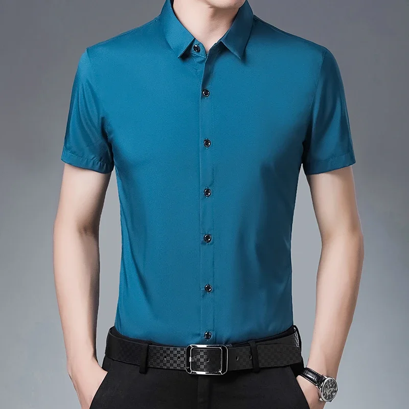 Men's Business Casual Solid Color Short Sleeved Shirt Non Ironing Comfortable Top 2