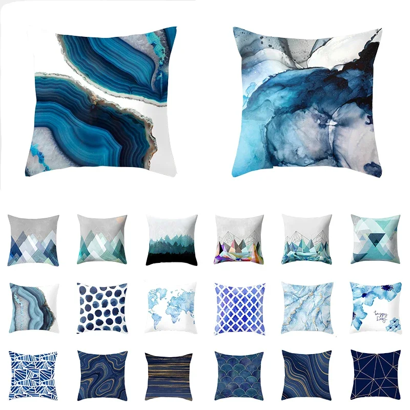 

45x45cm Geometric Cushion Cover Blue Marble Print Polyester Pillowcase Art Pachwork Car Sofa Waist Throw Pillow Case Home Decor
