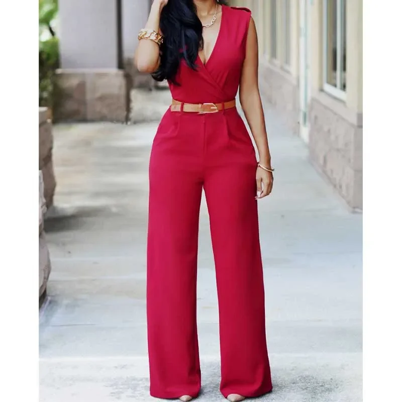 

Sexy 2024 Jumpsuits for Women Tight One Piece Office Lady Romper With Belt Sashes Deep V-neck Overalls Fit Jumper Pocket