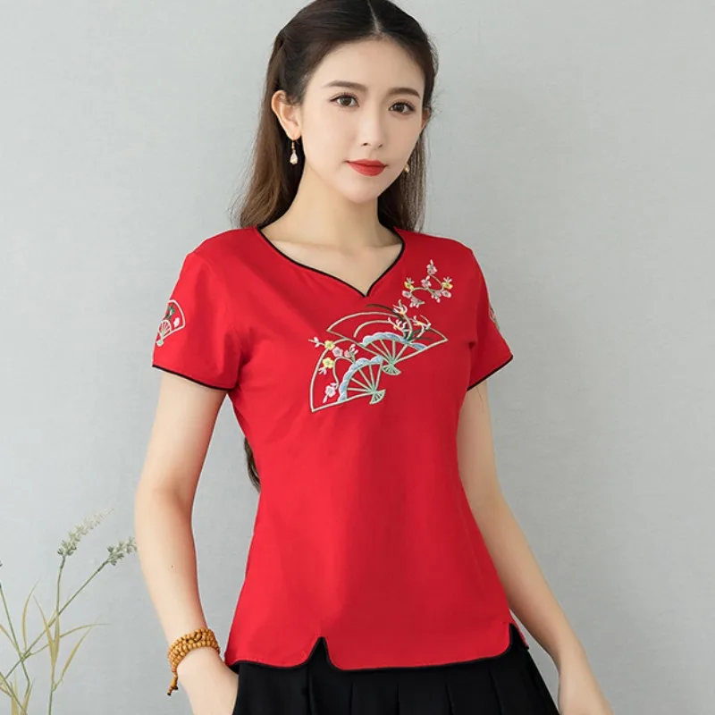 

Women's Tops Summer Vintage Chinese Style Embroidered Cotton Short-sleeved T-shirt Women's V Neck Shirts For Women Tshirts
