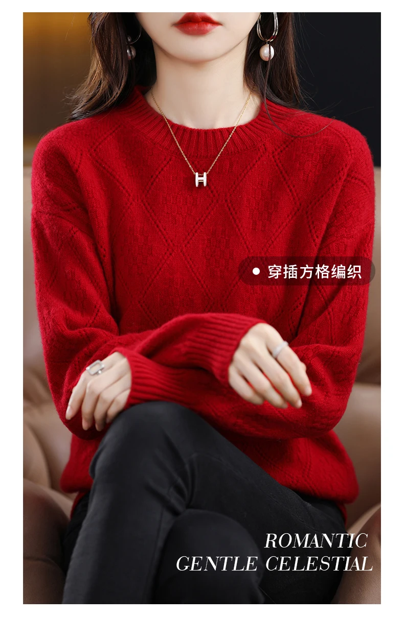 Autumn Winter 100% Merino Wool Women's Round neck Sweater Casual Diamond Hollow Knitwear Pullover New Embroidered Sweater Tops
