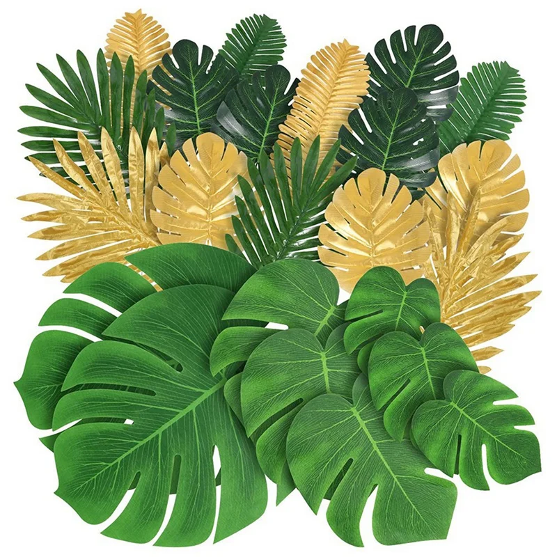 

Palm Leaves Artificial Tropical Monstera - 77 Pcs 8 Kinds Fake Leaves Safari Hawaiian Luau Party Table Decoration