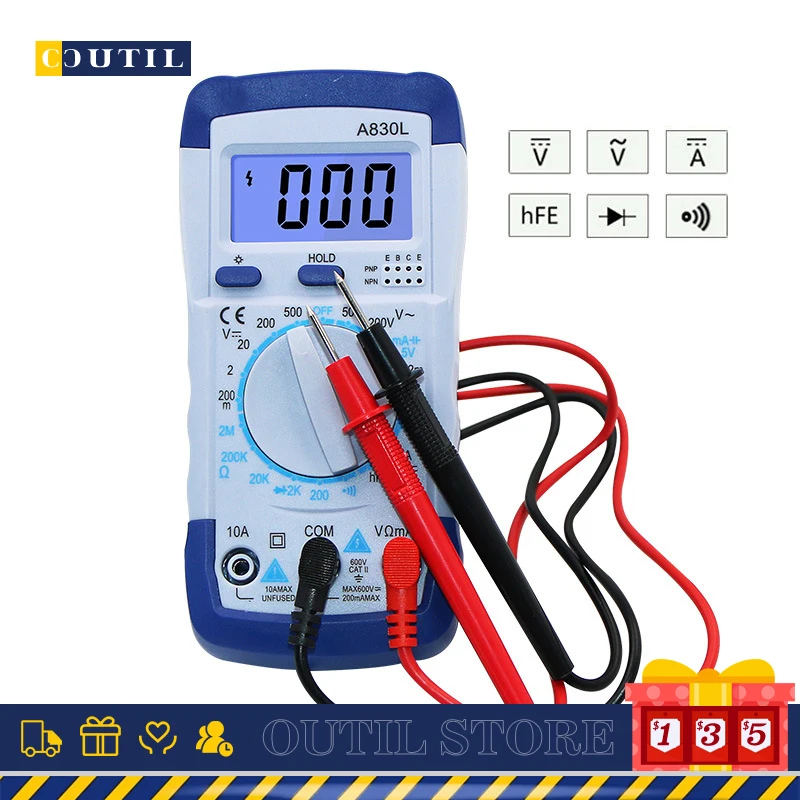 

A830L 830B AC/DC LCD Digital Multimeter Voltmeter Ammeter Ohm Tester High Safety Handheld Meter Electrical Testing Tool