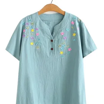 Plus Size Clothing For Summer Short Sleeve Chinese Style Embroidery Pattern Cotton Fabric Large Size Shirt Fit Busty Lady Wear P