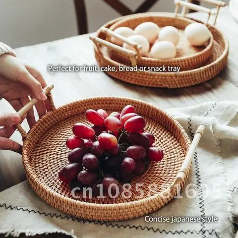 

Round Wicker Basket Handwoven Rattan Storage Tray With Wooden Handle Bread Food Plate Fruit Cake Platter Dinner Serving Tray