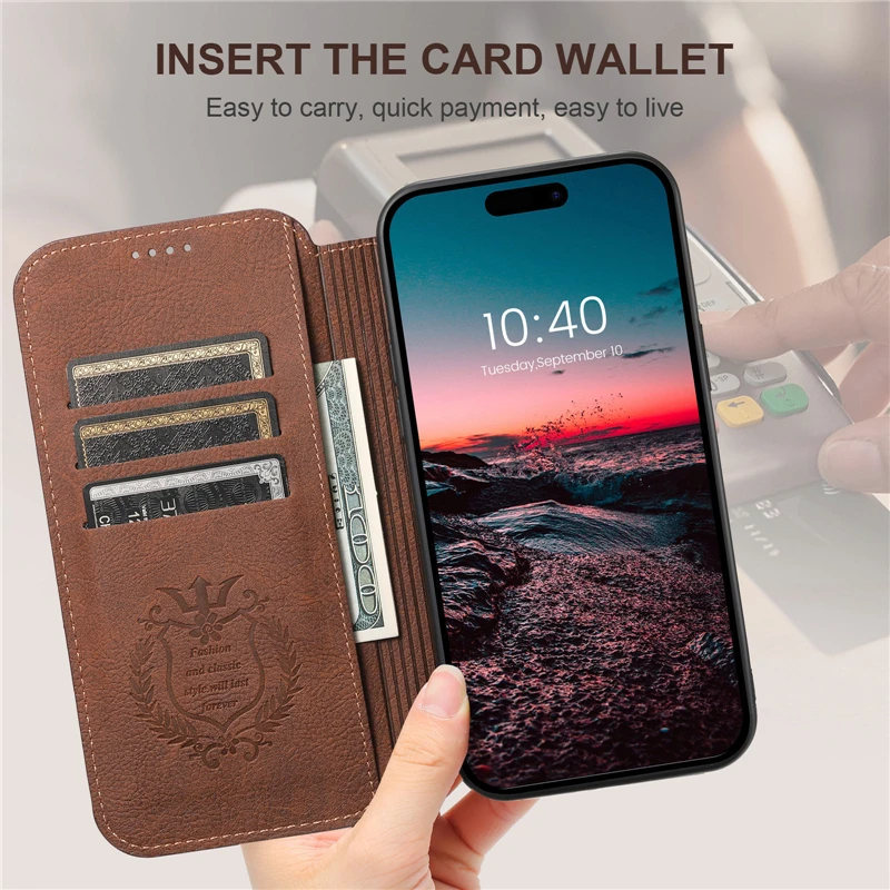 Magnetic Wireless Charge Case for iPhone 15 Pro Max 14 13 12 Pro Max 15Plus Shockproof Leather Wallet Card Slots Flip Cover Case