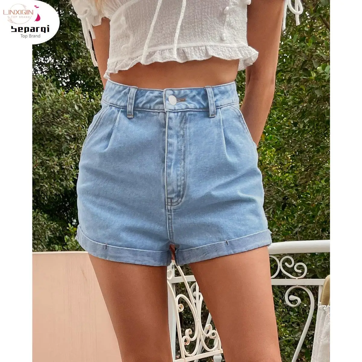 

LINXIQIN Solid High Waisted Straight Jean Shorts Women 2024 Summer Casual Streetwear Ladies Pocket Rolled Hem Denim Shorts