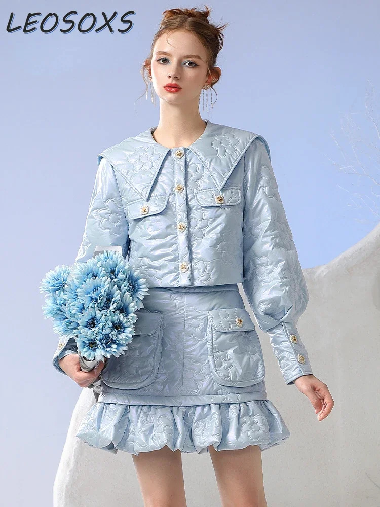 Sweet Cute Design Autumn Winter Embossed Cotton Coat Women Lantern Sleeve Turn-down Collar High Waist Ruffled Pleated Skirt Set custom high grade phnom penh blue business card making embossed bronzing business custom free design