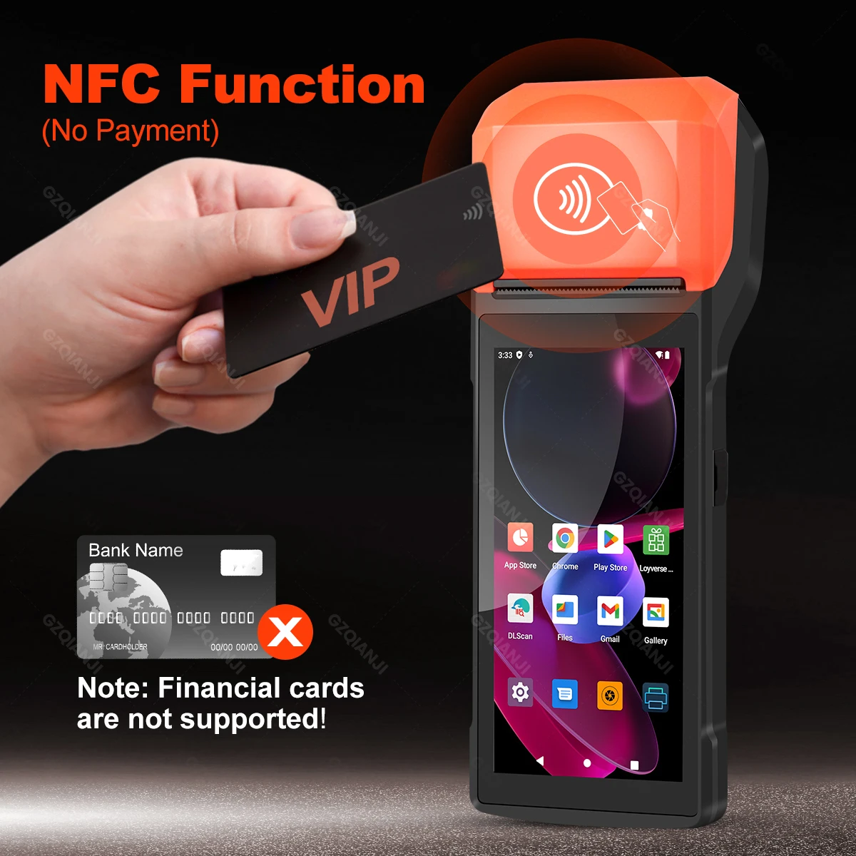 무선 휴대용 안드로이드 PDA 미니 POS 터미널 터치 스크린, 블루투스 인 58mm 프린터, 2D 바코드 스캐너, 10 롤 NFC, 4G