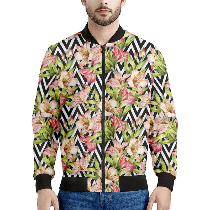 thumbnail image 1 of Chaqueta con cremallera con estampado de flores de narciso y lirio para hombre, sudadera informal de manga larga con estampado 3D de plantas, abrigo de calle, chaquetas holgadas, 1 of 5