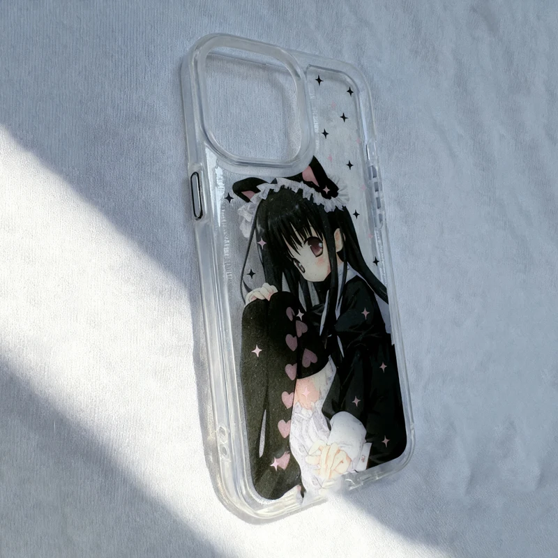 Japanese Black Cat Ear Girl Anime Transparent Phone Case - Y2K Style