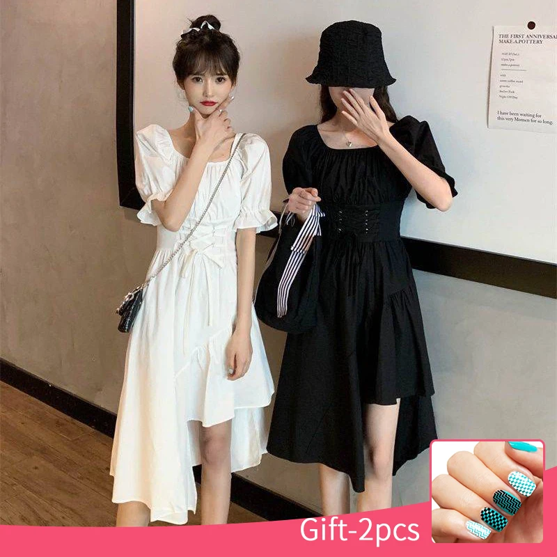 Женское платье с пышными рукавами черно-белое Бандажное платье-мини в готическом