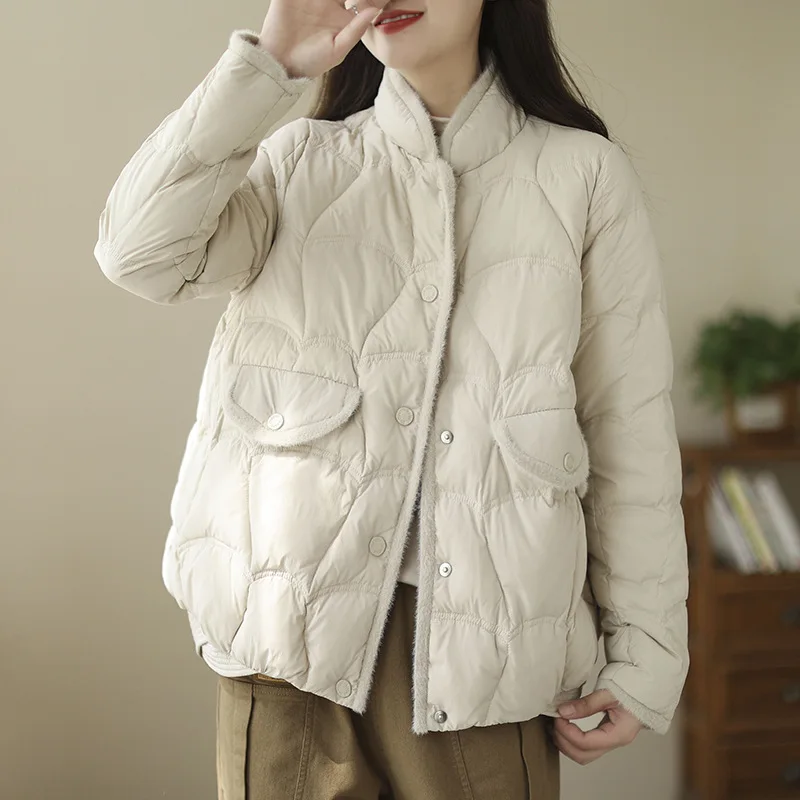 

Women White Duck Down Jacket Stand Collar Fur Patchwork Autumn Winter Short Outwear Casual OverSize Loose Coat New