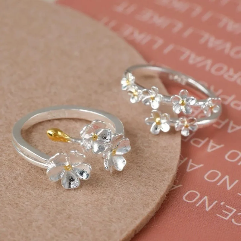 Ins Trendy Simple Flower Rings for Women Girls Retro Three-Dimensional Blossom Branch Opening Finger Ring Fashion Jewelry Gifts