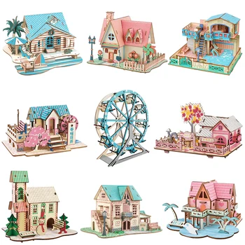 Handmade Wooden 3D Jigsaw Puzzle Game DIY Assembled Building Model Educational Early Childhood Toy for Kids Room Decoration Gift 1