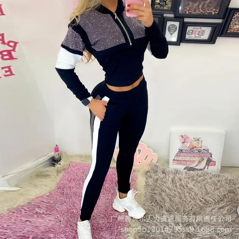 

Two Piece Sets Outfits Trousers Rhinestone Y2K Black Sweatshirt Tops Women Casual Long Sleeve Pullovers Tops Pencil Pants