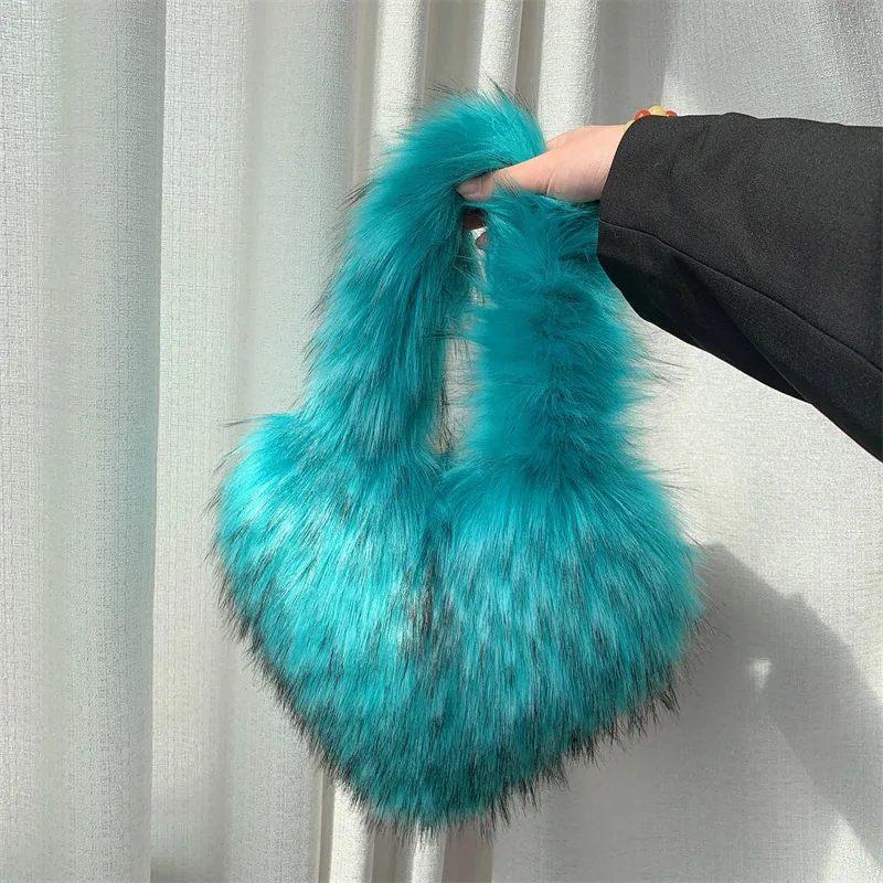Fashion Heart Faux Fur Messenger Bag Women Luxury Soft Plush Shoulder Bags Woman Designer Fluffy Solid Y2k Tote Bag Ladies Purse