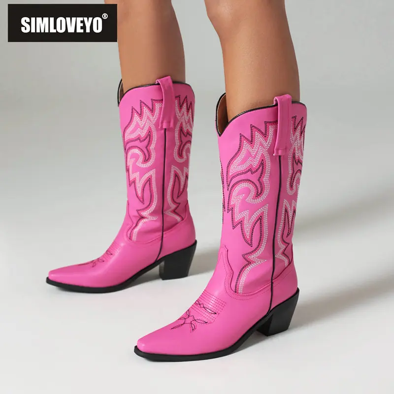 

SIMLOVEYO Female Western Boots Square Toe Block Heel 6cm Slip On Embroider Plus Size 47 48 Leisure Vintage Women Mid Calf Bota