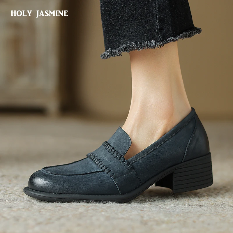 

Retro Mid Heels Women Pumps Genuine Leather High Quality Shoes Woman 2024 Spring Summer Concise Casual Working Pumps Loafers