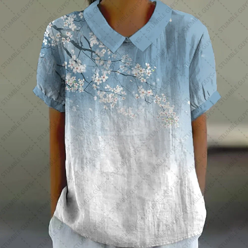여성용 퍼프 슬리브 탑, 블루 그라데이션 패턴, 레트로 스타일 드레스, 2024 셔츠, 여름 신상