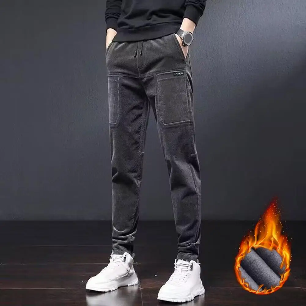 

Solid Color Pants Thickened Fleece Lining Corduroy Trousers Men's Winter Casual Pants with Elastic Waist Straight Fit Straight