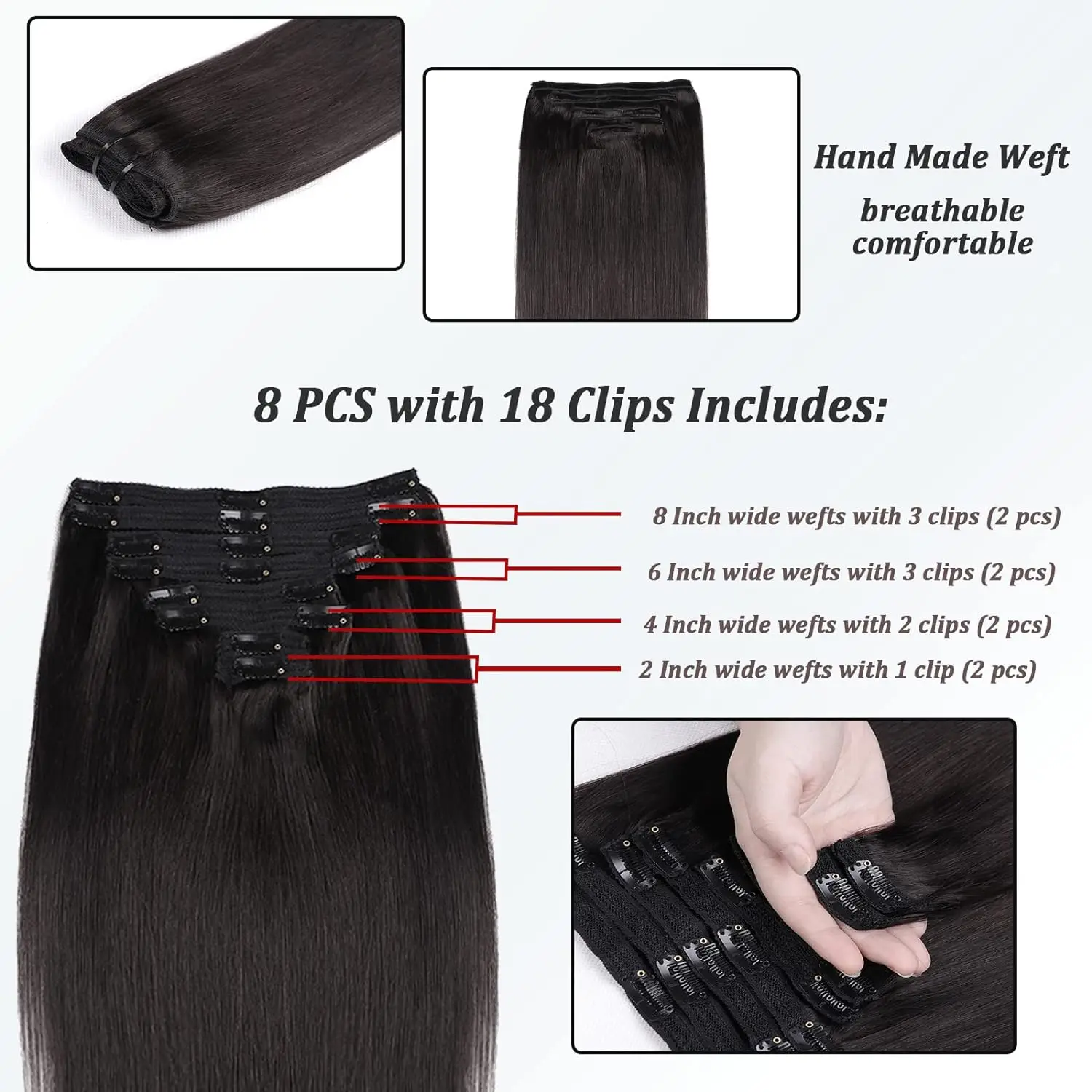 Straight Clip in Hair Extensions 8pcs Per Set with 18Clips Double Weft Brazilian Virgin Human Hair 2