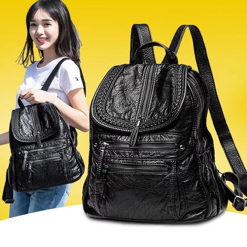2024 Korean Style Large Capacity Soft Leather Backpack for Students Commuting and Traveling Vintage and Luxurious Lightweight