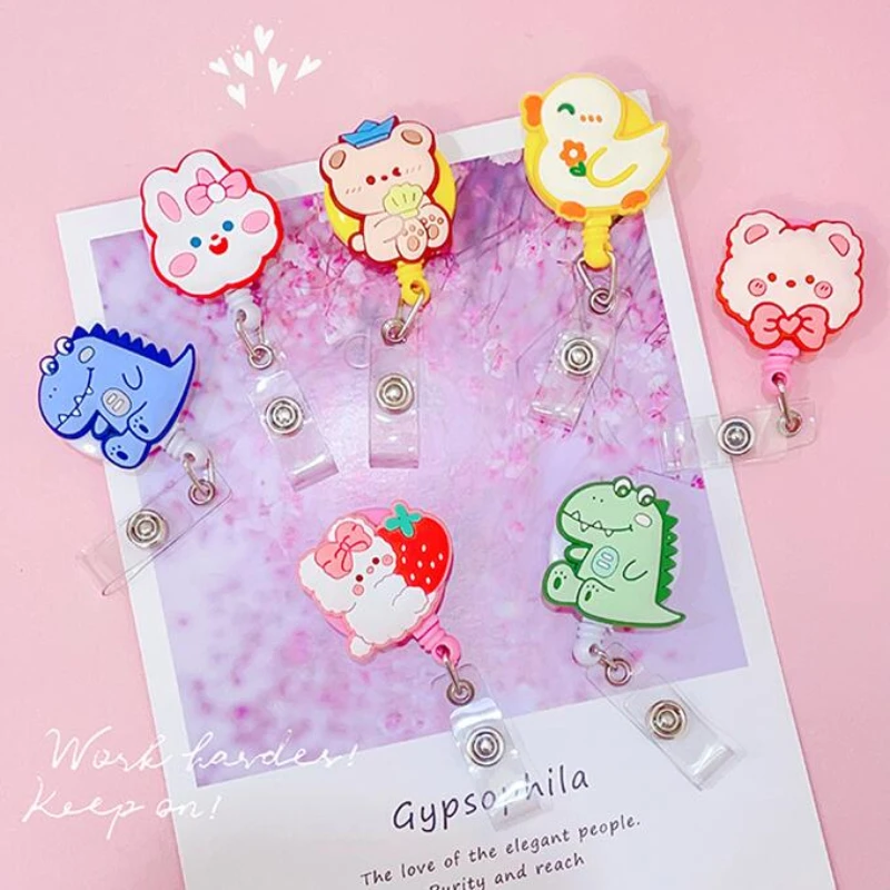 Kawai Dinosaur Bear Rabbit Retractable Badge Reel Nurse Doctor Students ID Name Cards Holder Clips Hospital Use Card Tools