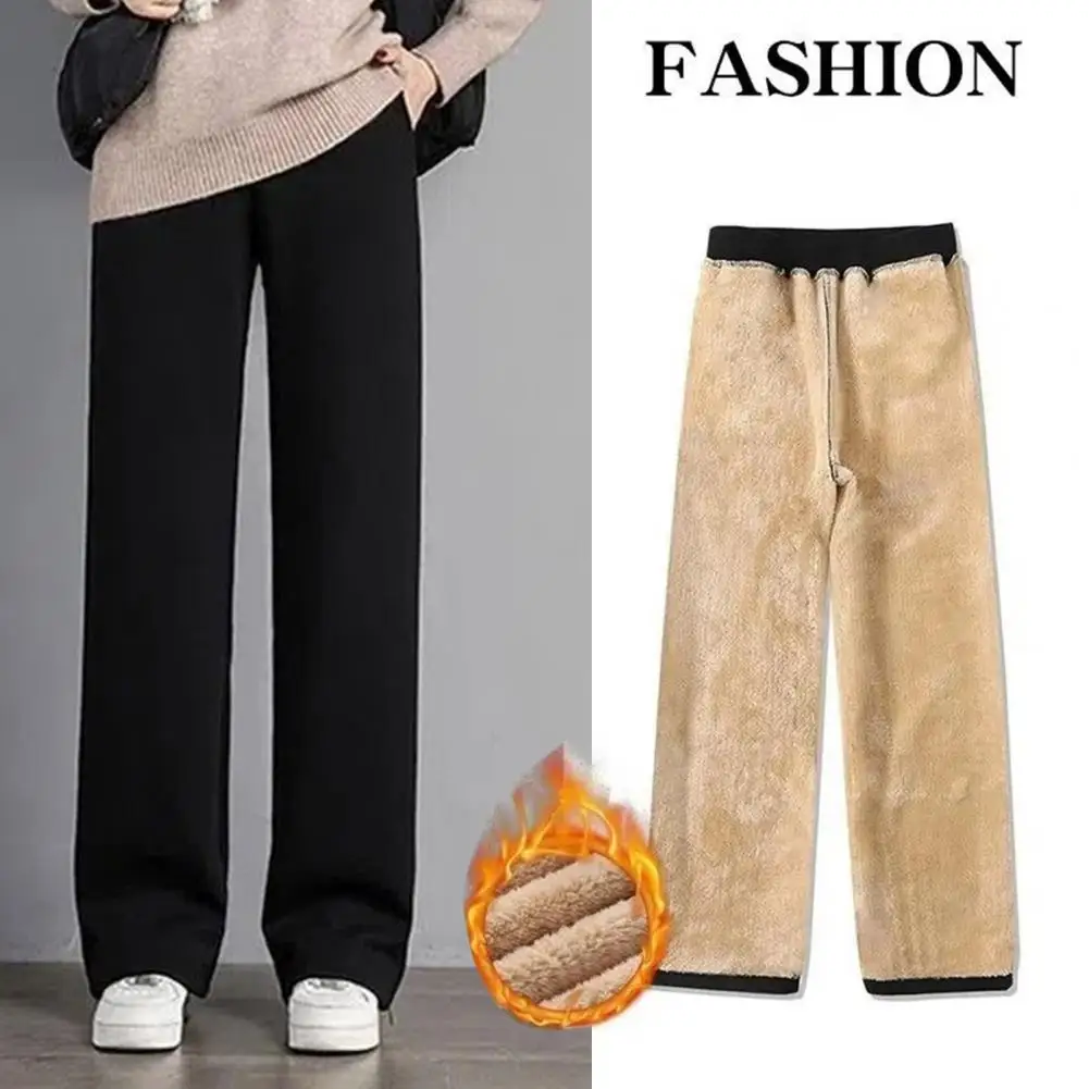 

Fleece Lining Pants Winter Women's Fleece Lined Pants Elastic High Waist Wide Leg Trousers for A Cozy Stylish Look Solid Color