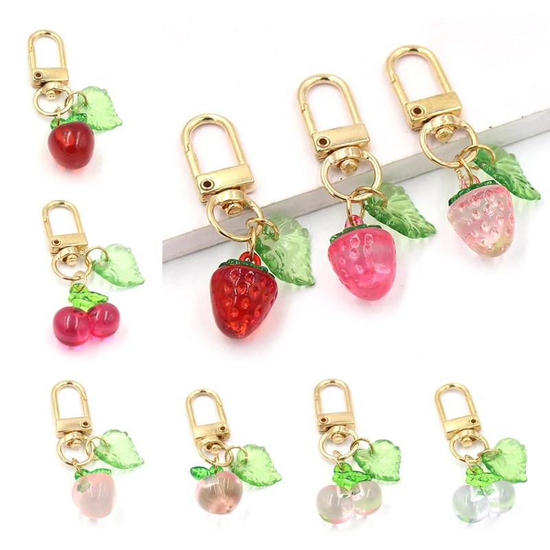 Donne Ragazze Borsa Charms Portachiavi Acrilico Ciliegia Pesca Fragola Frutta Portachiavi Cerniera Pull Charm Planner Charms Regali