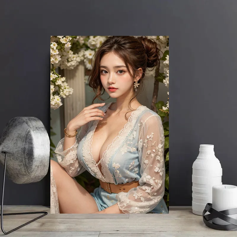 HD 금속 양철 간판, 하늘색 레이스 꽃무늬 드레스를 입은 우아한 아시아 여성, 흰색 꽃밭 풍경, 빈티지 벽 장식, 레트로 2
