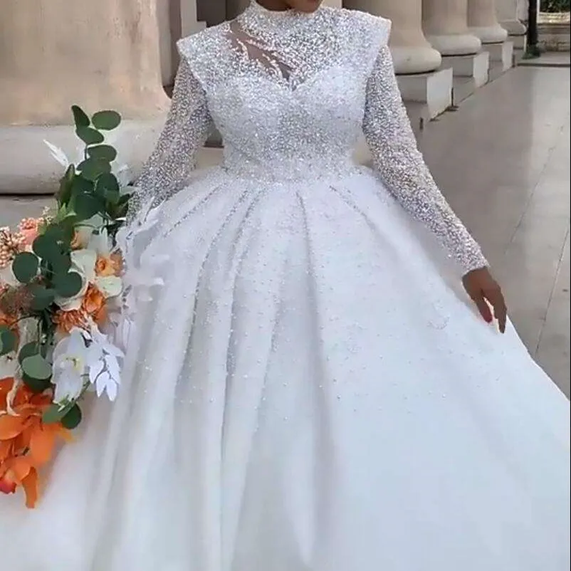 

Modern High Neck Beads Sequins Ballgown Wedding Dress Robe De Mariee Luxe Africa Long Sleeves Ballgown Puffy Bridal Gowns