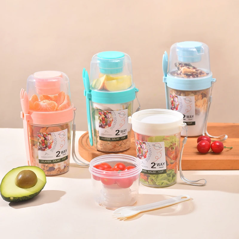 Portable Double-Layer Salad Cup Oatmeal Cereal Nut Yogurt Salad Cup Container Set Fork School Lunch Box Food Storage Box
