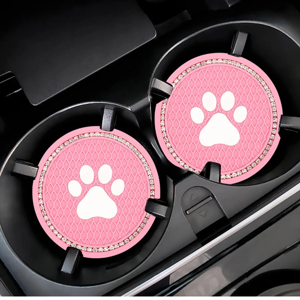 Silicone Diamond Rhinestone Dog Paw Cup Holder Car Coasters Anti Slip Mat Interior Decor