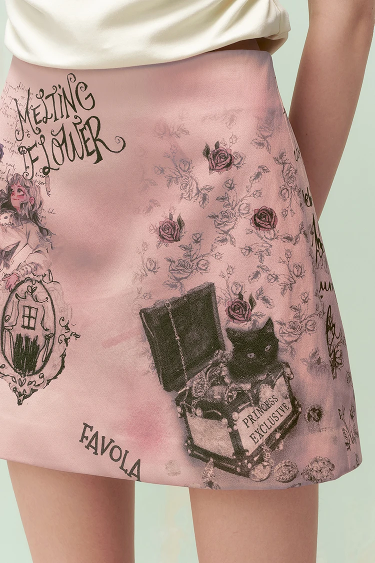 ELFSACK Women's Pink A-Line Mini Skirt, Gothic Cat & Floral Print, High Waist Fit, Ideal for Street Style, Party & Casual Wear