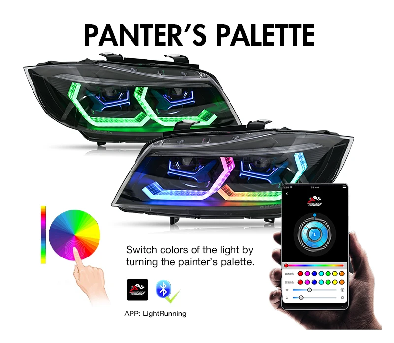 RGB-Scheinwerfer für 2009-2012 BMW 3er-Serie E90 E91 320i 323i 325 330 335 Halogen-Version Wetterbeständig Nahtloser Ersatz – Detail 5