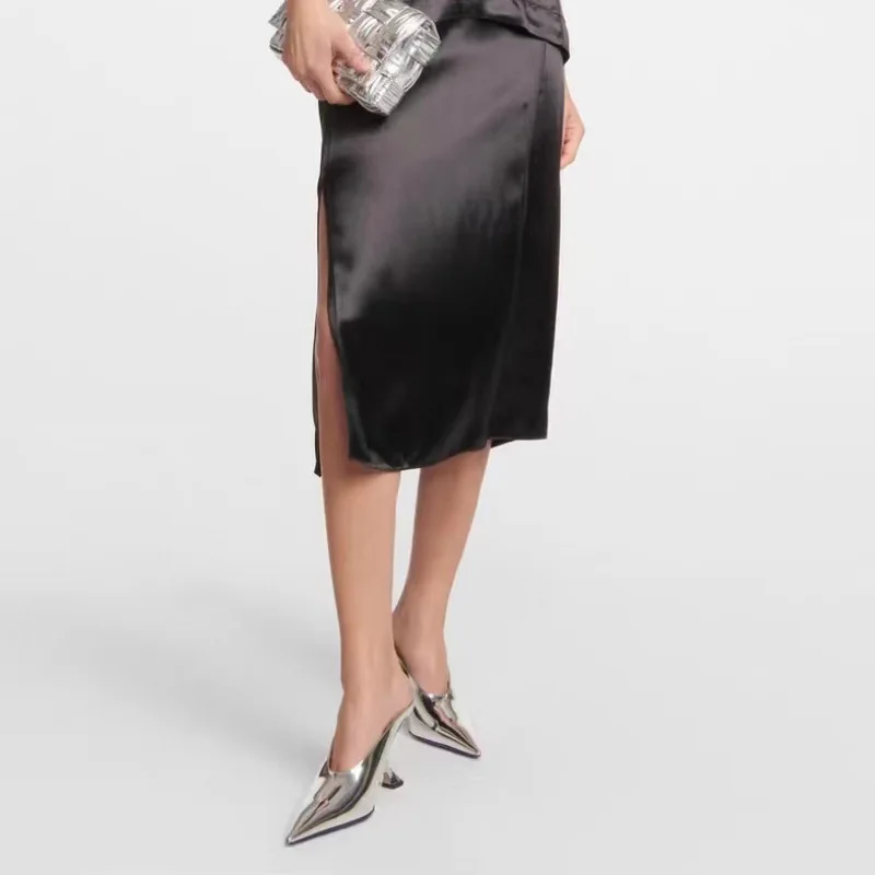 Slope Heeled Slippers for Women To Wear for Spring/summer New Silver Pointed High Heels Sandals with A Toe Wrapped Half Trailer