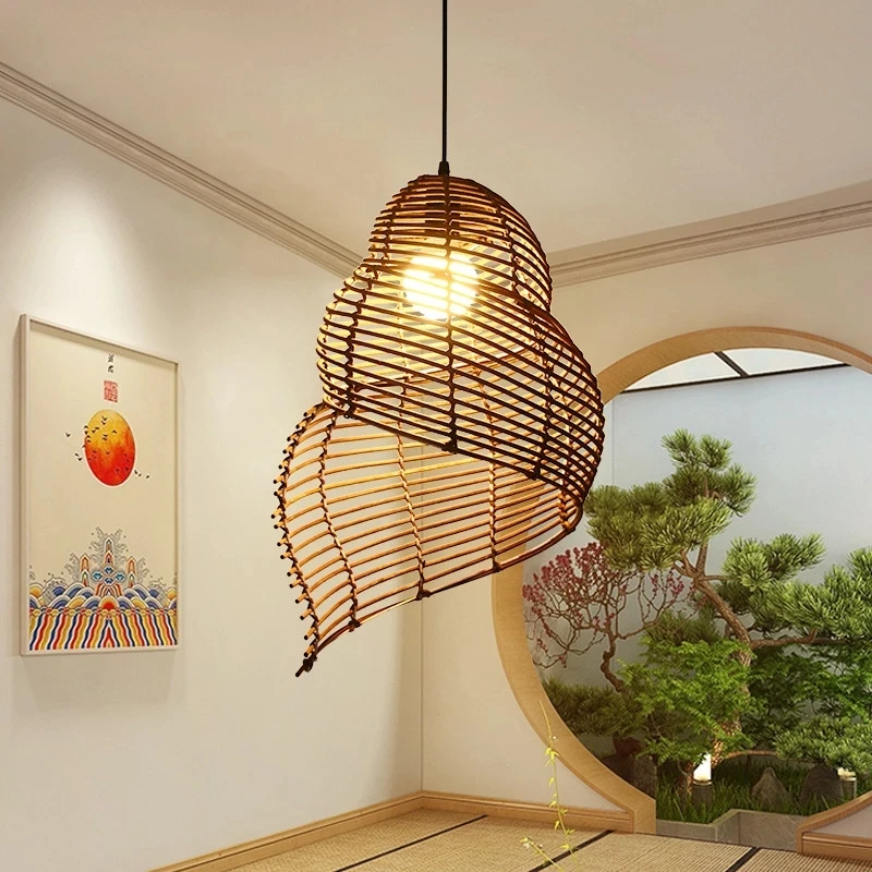 

Retro Handmade Bamboo Chandelier Chinese Restaurant Bar Lamp Creative Personality Hot Pot Shop Teahouse Conch Pendent Light