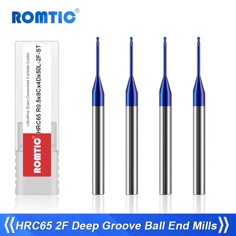 

ROMTIC Tungsten Steel Carbide Blue Nano Coating 2-Flute Ball End Deep Groove Milling Cutter HRC65 CNC Machining End Mills Tools