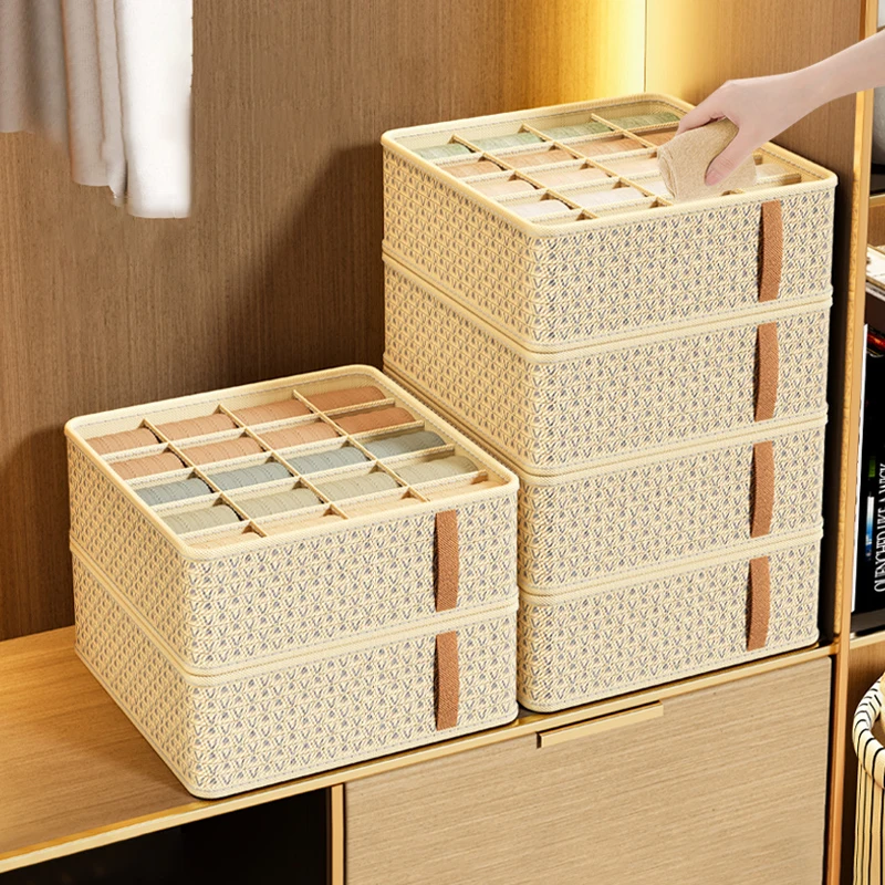 

6/7/20 Grid Storage Box Beige And Wine Red Underwear Storage Box Four Piece Sock Storage Fabric Bra Storage Box