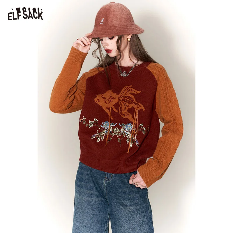 

ELFSACK Goldfish Spliced Pullover Sweaters Women 2023 Winter New Chinese Style Designer Tops