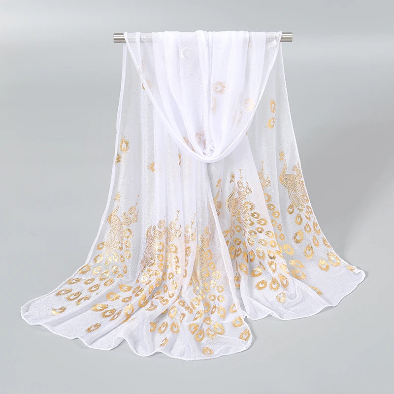 Peacock Printed Hijab Scarf Women Gold Glitter Shawl Scarf Women Elegant Long Shawl Hijab Scarfs Pashmina Women Scarf 170*60cm